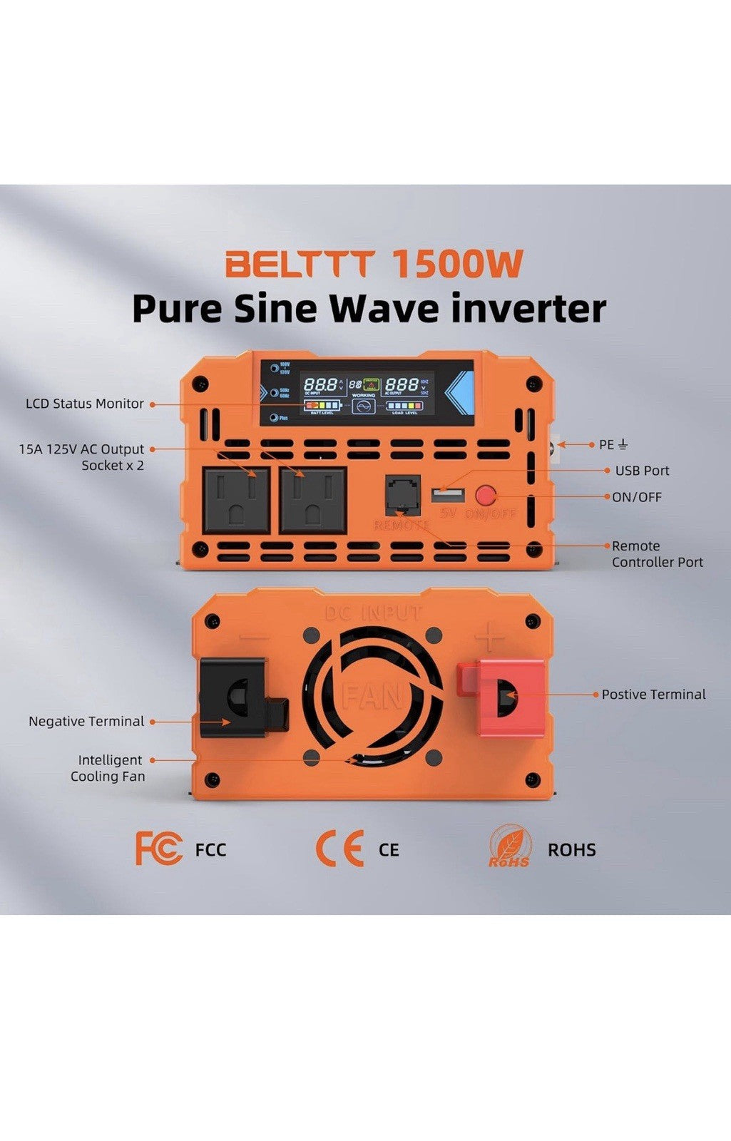 BELTTT Inversor de onda sinusoidal pura de 1500 W de 12 V a 120 V5