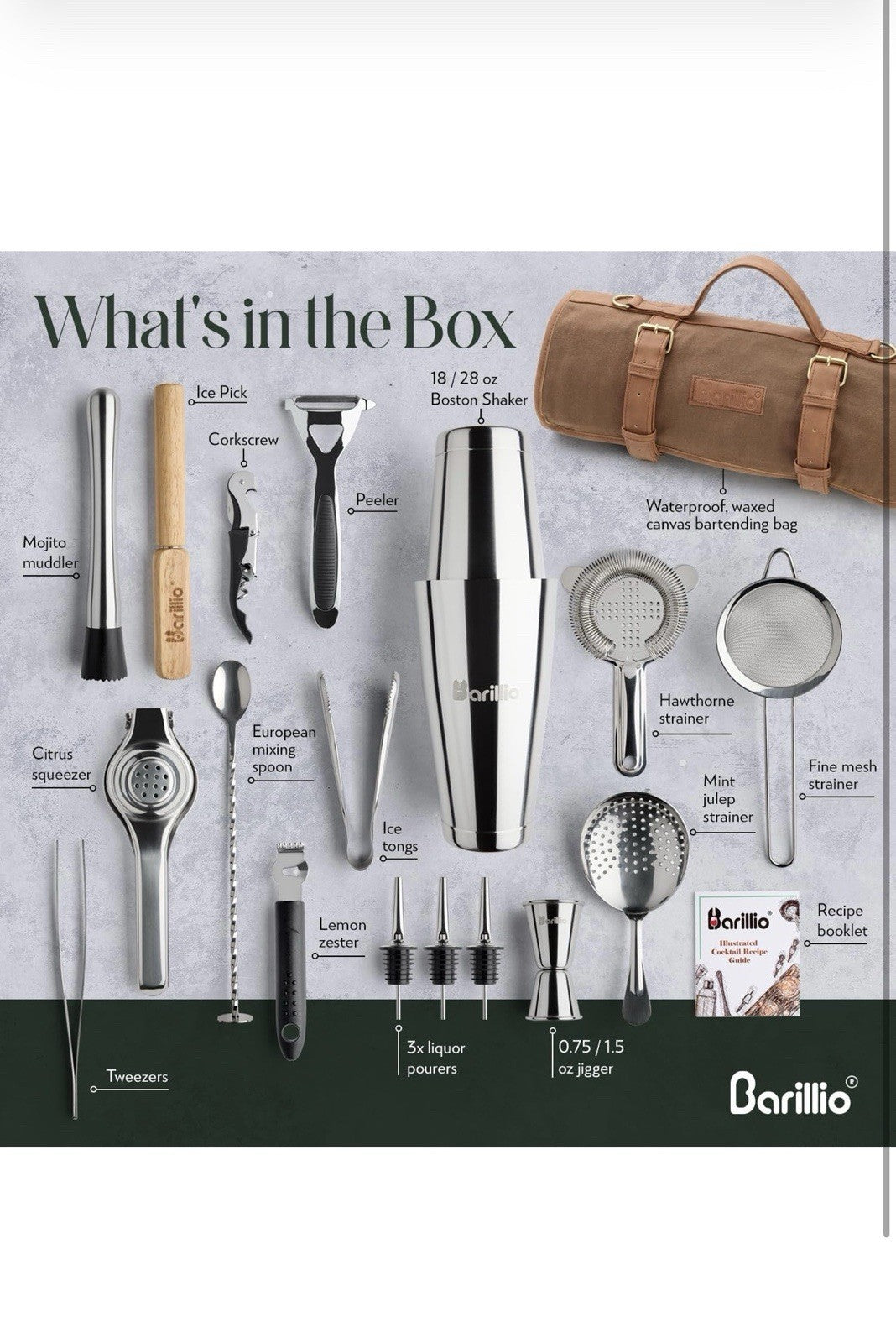 Bartender Kit Bag with 17 Pc Cocktail Tools Waxed Canvas Traveling Bar Barillio5