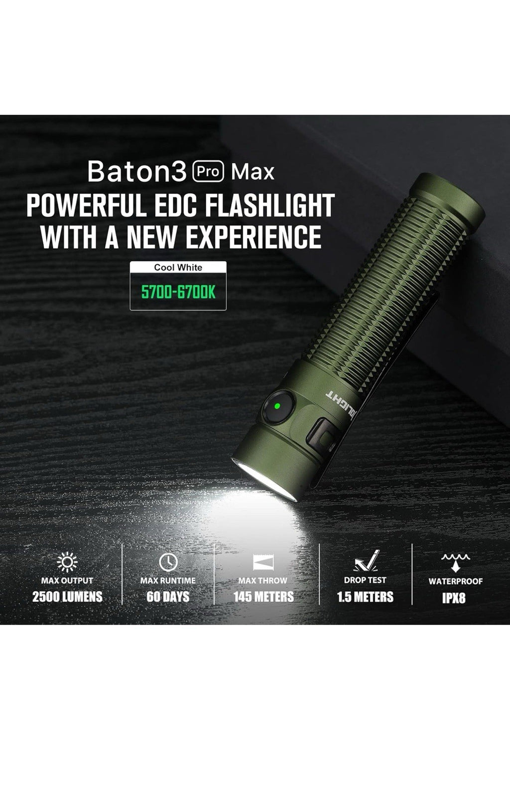 Baton3 Pro Max 2500 Lumens Rechargeable Compact EDC Flashlights with Safety Prox1