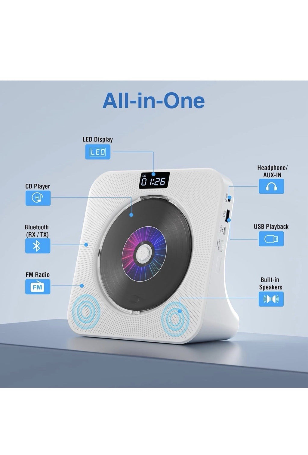 MEGATEK Reproductor de CD portátil Bluetooth para el hogar, reproductor de CD1