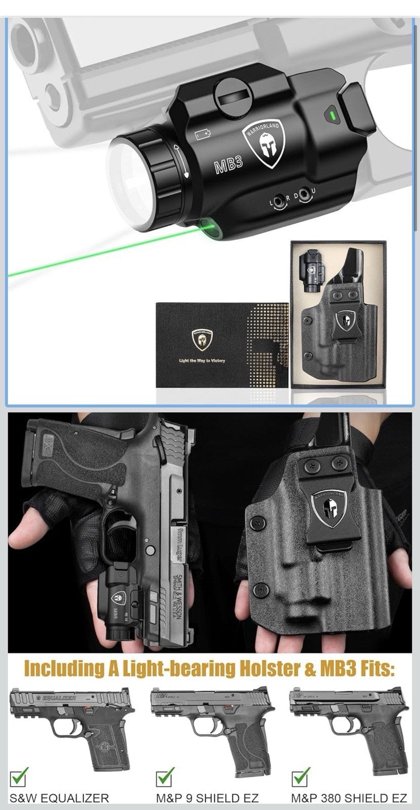 WARRIORLAND MB3 Pistol Light and Custom Kydex Holster, Fits S&W M&P Shield EZ (0