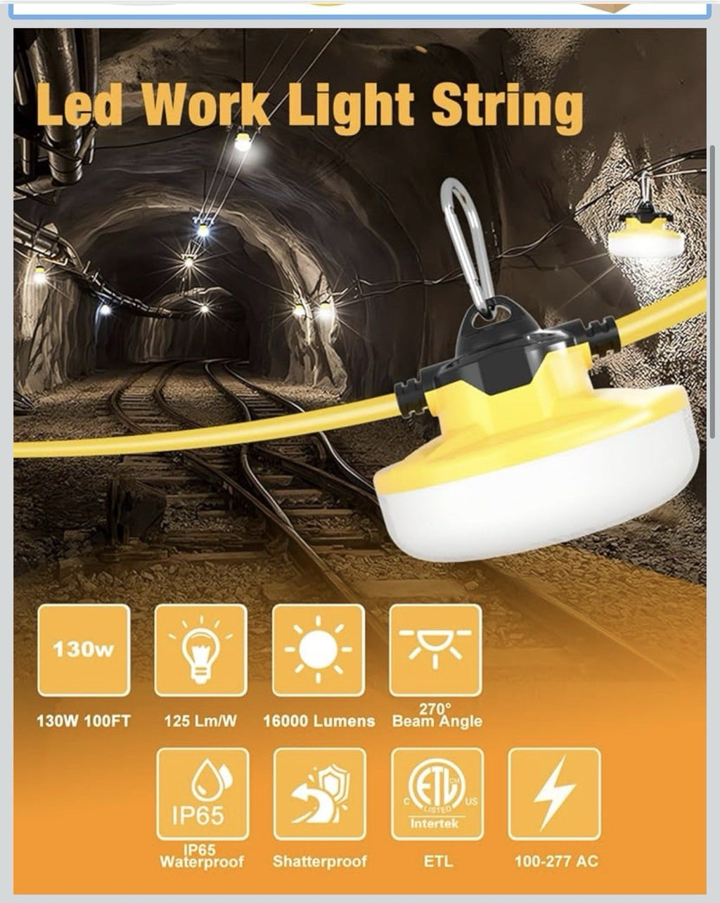 LED Construction String Light 100FT, 130W 16000Lm 100FT 2Prong, White 1