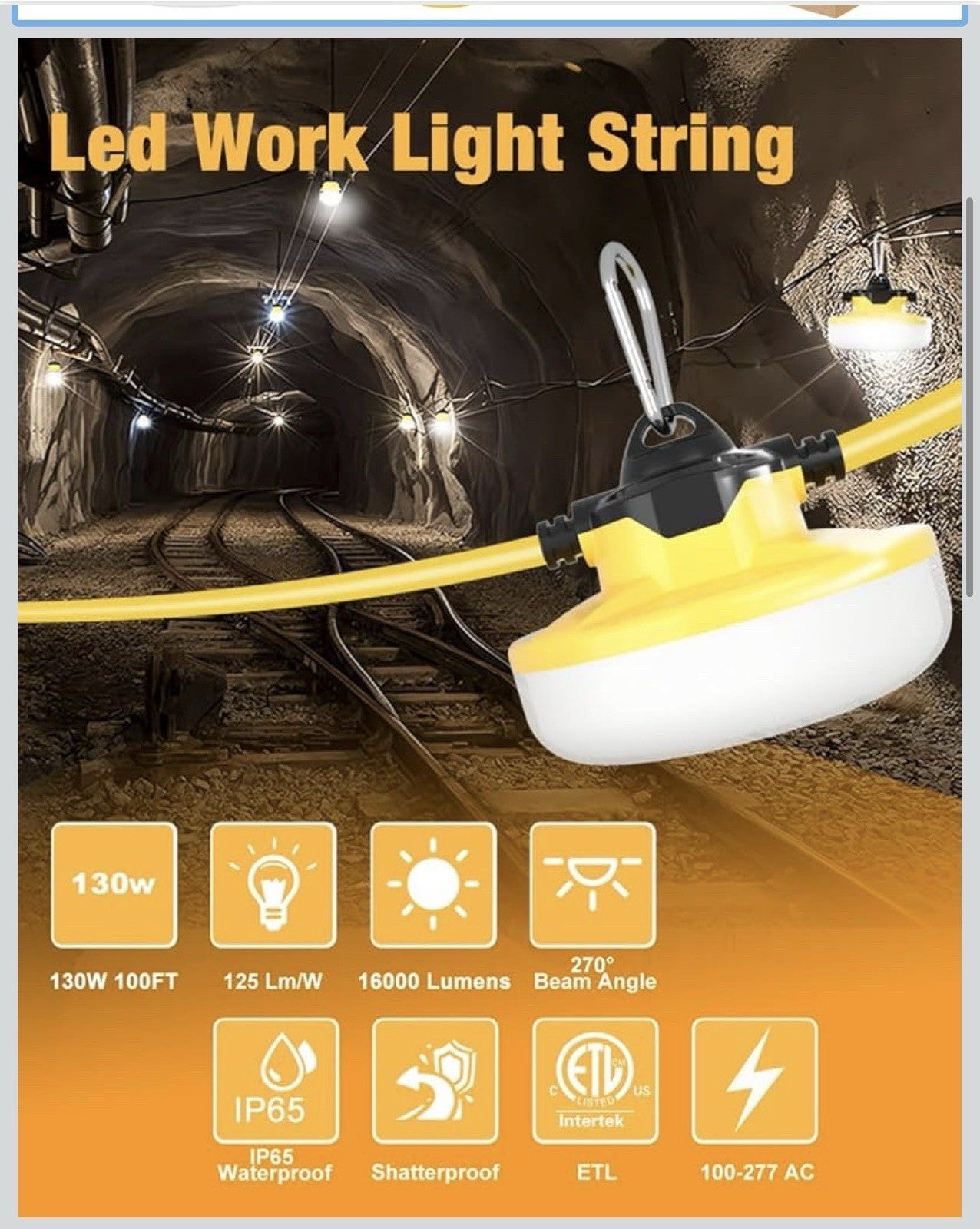 LED Construction String Light 100FT, 130W 16000Lm 100FT 2Prong, White 1