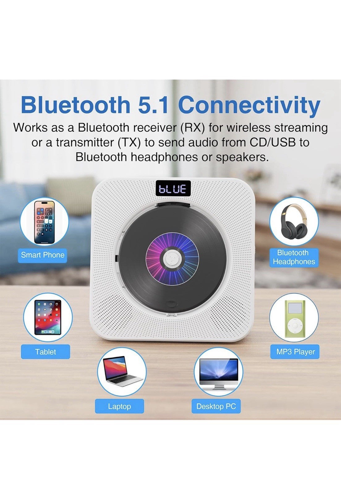 MEGATEK Reproductor de CD portátil Bluetooth para el hogar, reproductor de CD4