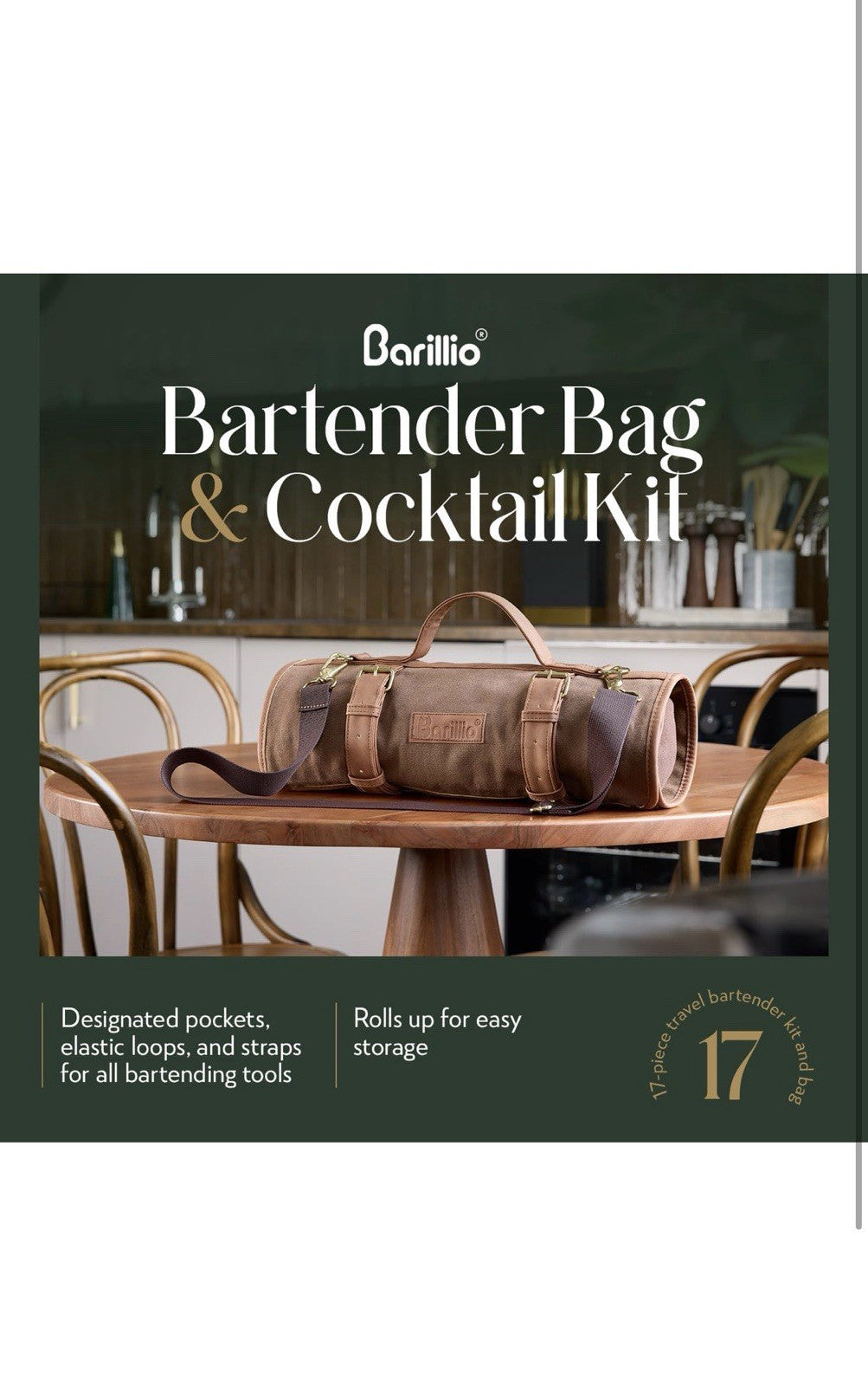 Bartender Kit Bag with 17 Pc Cocktail Tools Waxed Canvas Traveling Bar Barillio1