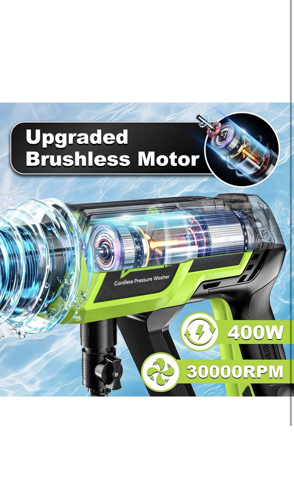 Cordless Pressure Washer - 1500PSI 2.6GPM, 400W Brushless Motor, 2X4000Mah Batte1