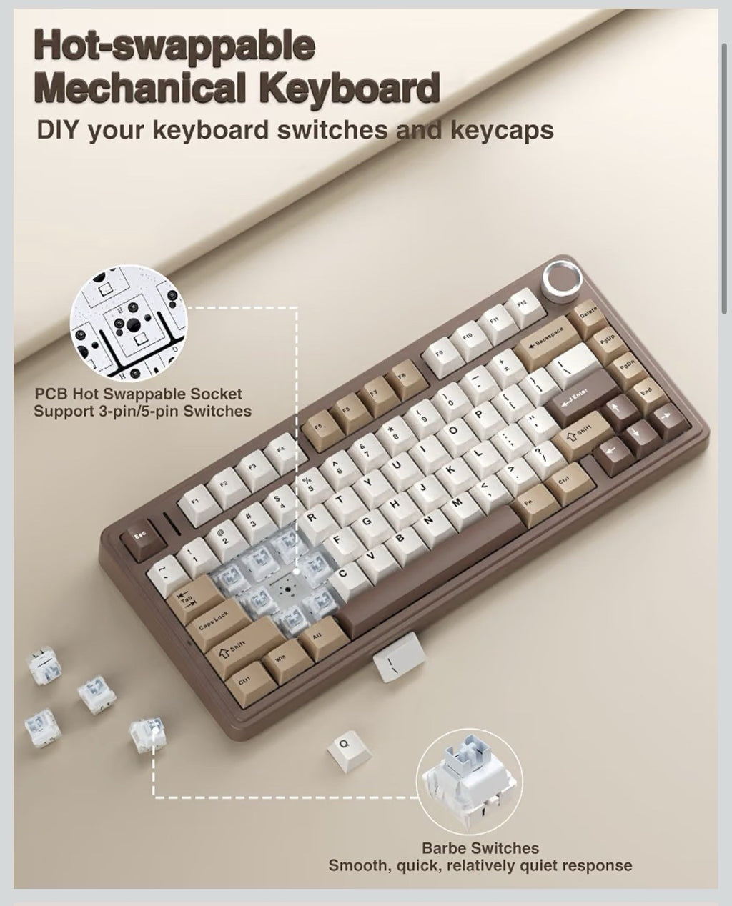 AULA F75 75% Wireless Mechanical Keyboard, Hot Swappable Creamy Keyboard, Pre-3