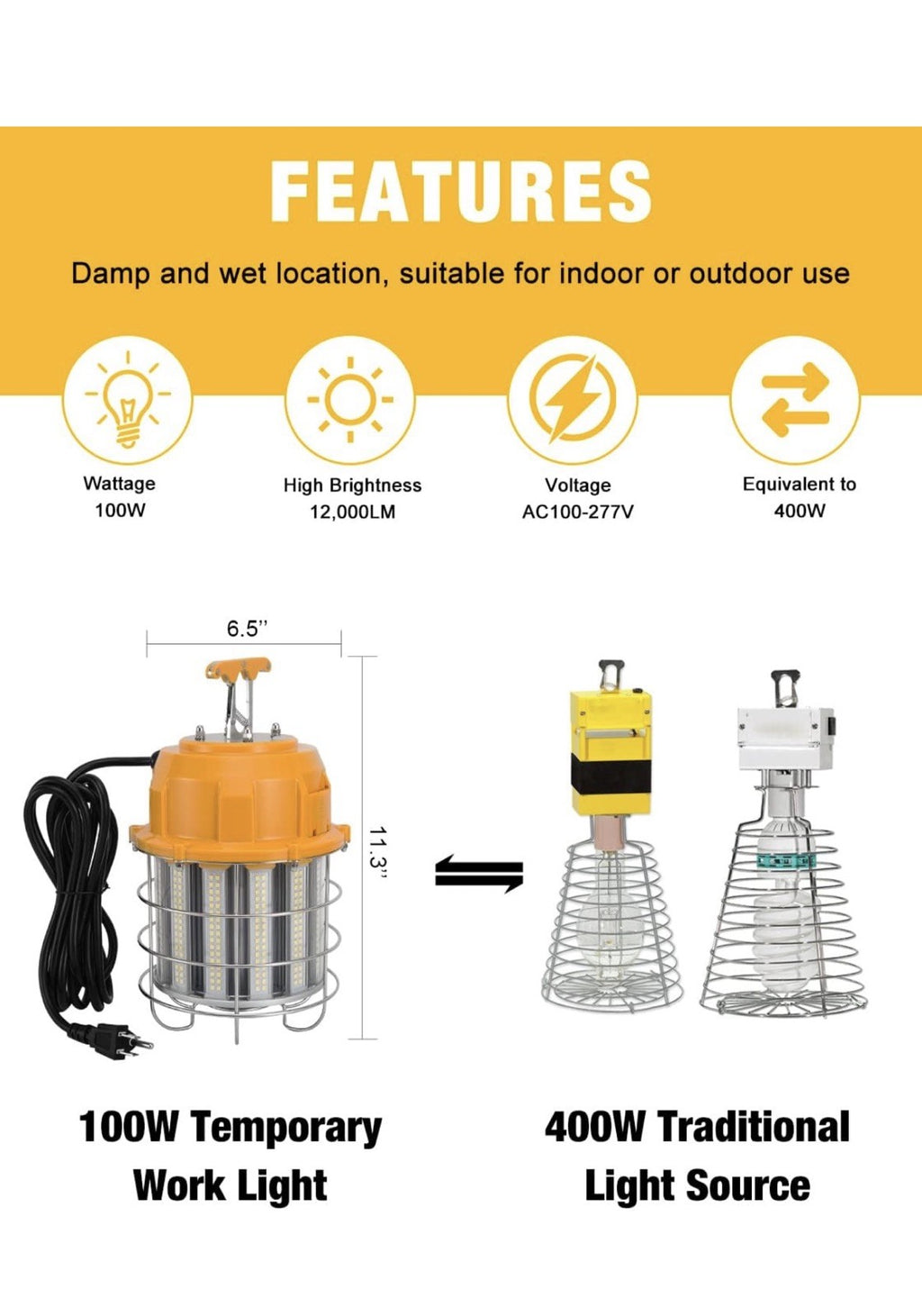 Luz de trabajo temporal LED de 100 W, luces de construcción, 12,000 lm, 5000 K,7