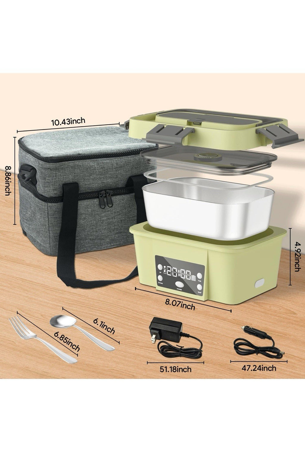 Electric Lunch Box, 6.75 Cup Automatic Food Warmer (212°F), Rechargeabl2