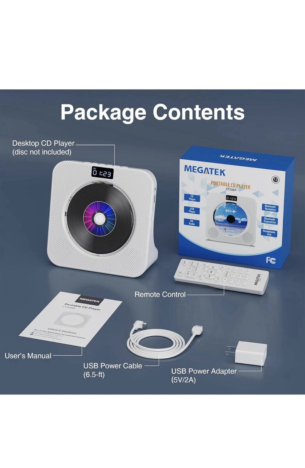 MEGATEK Reproductor de CD portátil Bluetooth para el hogar, reproductor de CD8