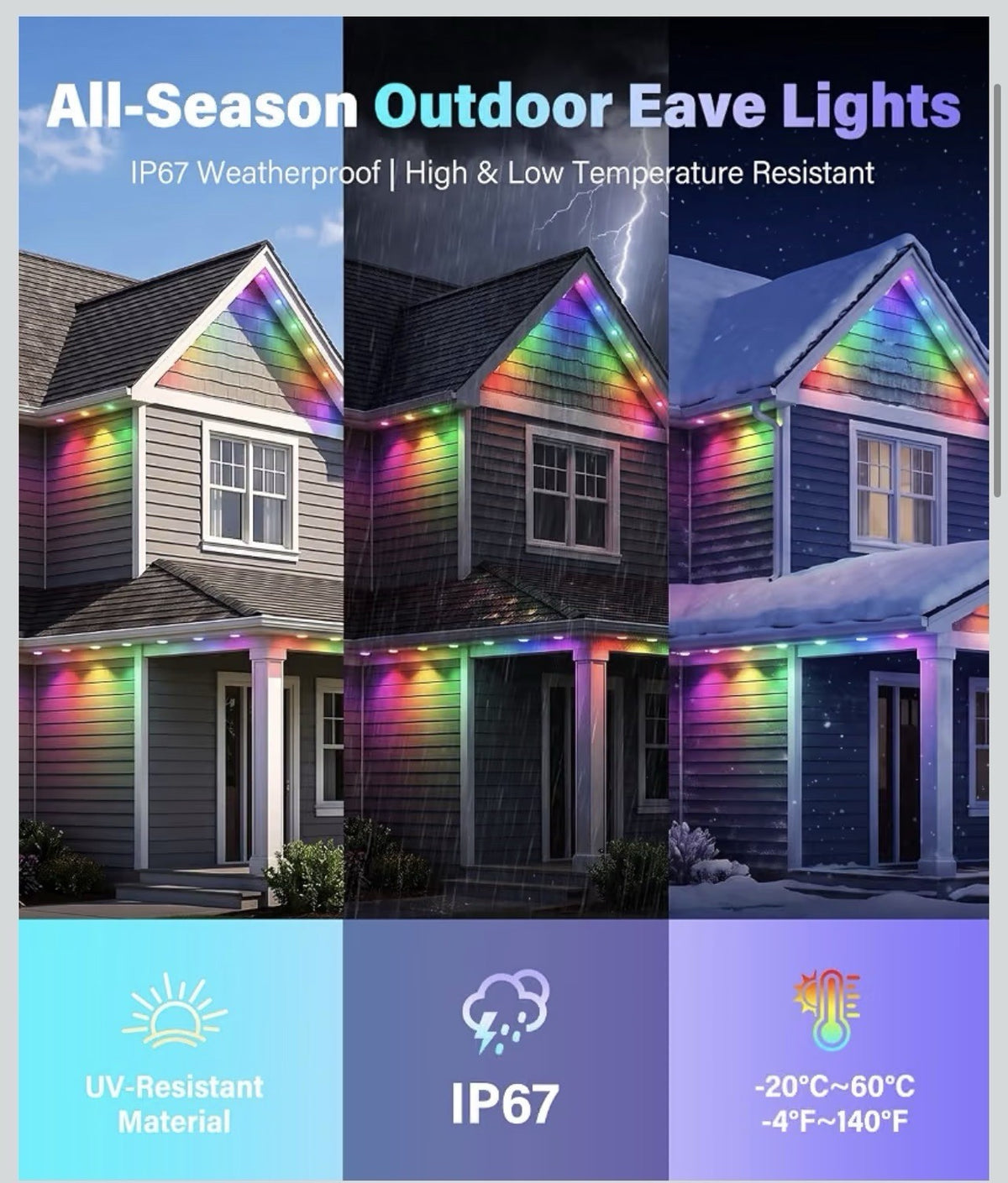 200FT Permanent Outdoor Lights for House, Smart RGB Color Changing Eaves Lights,3