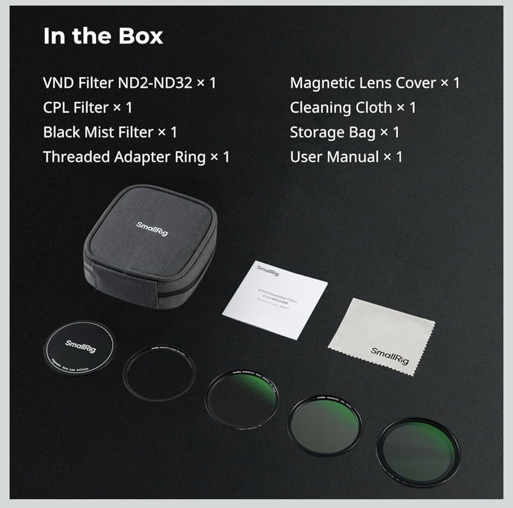 SmallRig 5-in-1 Magnetic 67mm Lens Filter Kit: VND + CPL + Black Mist 1/4 +7