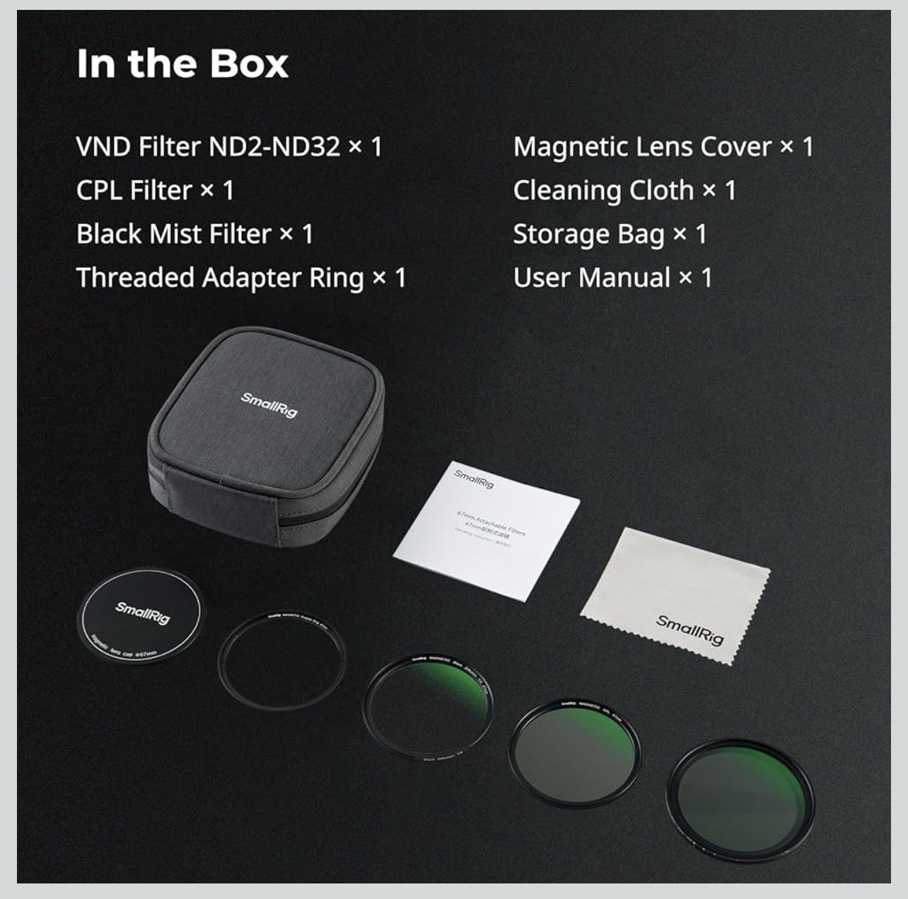 SmallRig 5-in-1 Magnetic 67mm Lens Filter Kit: VND + CPL + Black Mist 1/4 +7