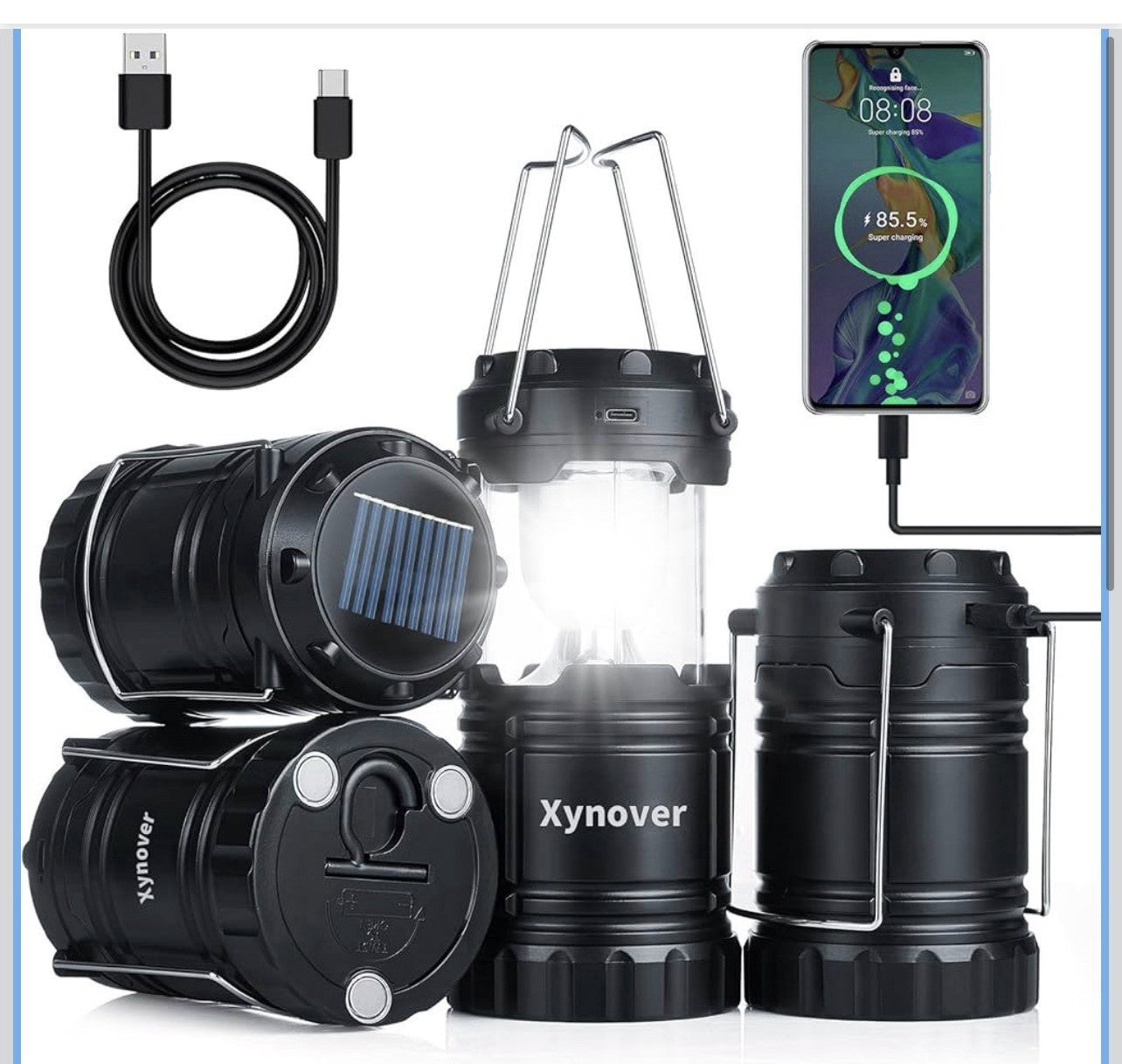Paquete de 4 faroles solares para campamento, luces LED recargables0