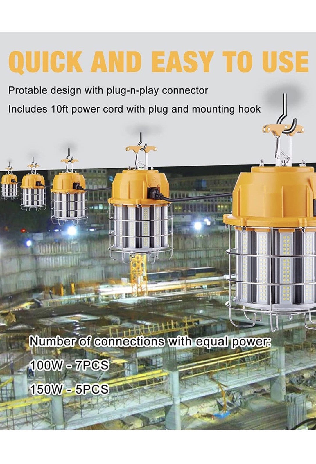 Luz de trabajo temporal LED de 100 W, luces de construcción, 12,000 lm, 5000 K,5