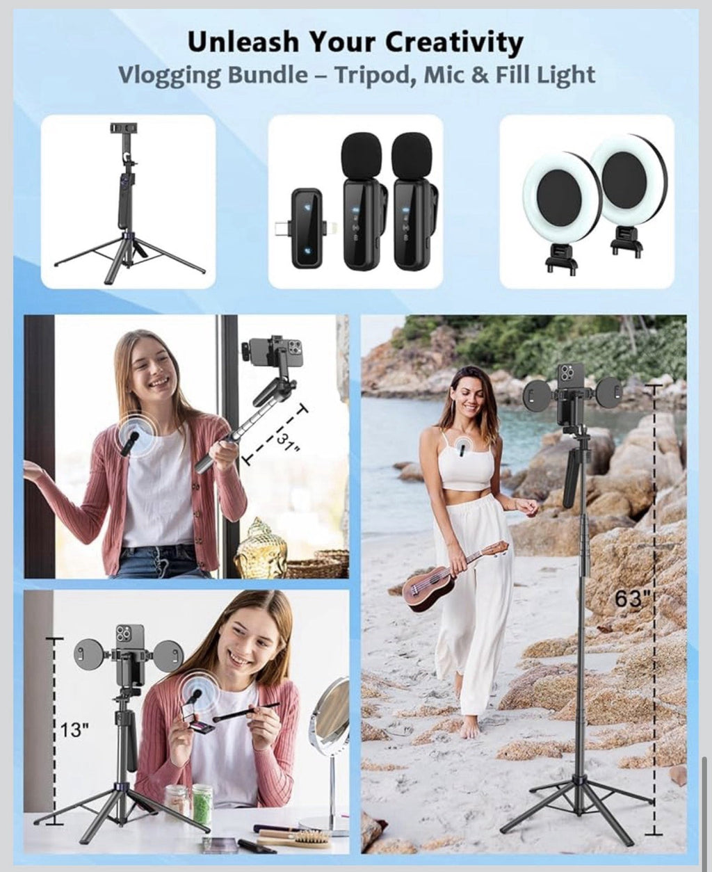 Vlogging Kit for iPhone/Android, 63”Auto Face Tracking Tripod for iPhone with...6