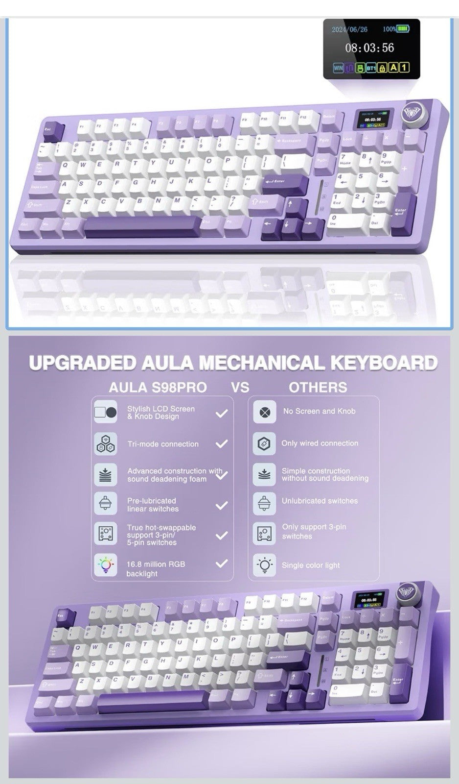 AULA S98 Pro Wireless Mechanical Gaming Keyboard with Screen, Knob, 96 Keys 20