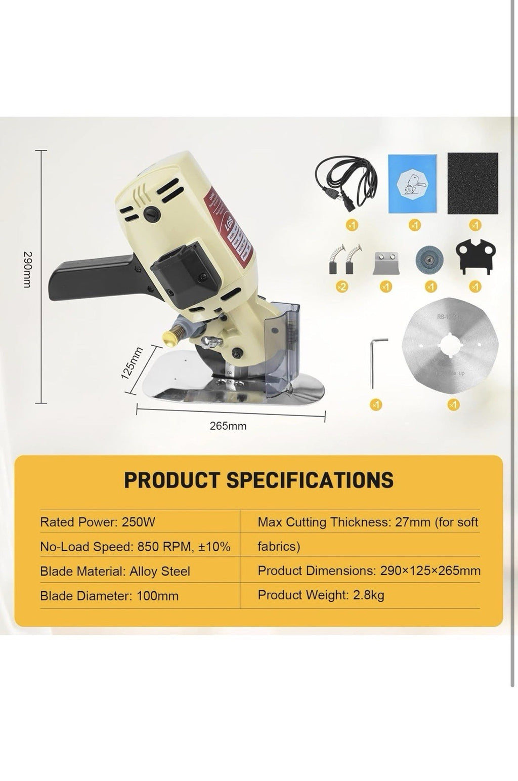 Electric Cloth Cutting Machine - 250W Pure Copper Motor Rotary Fabric Cutter w1