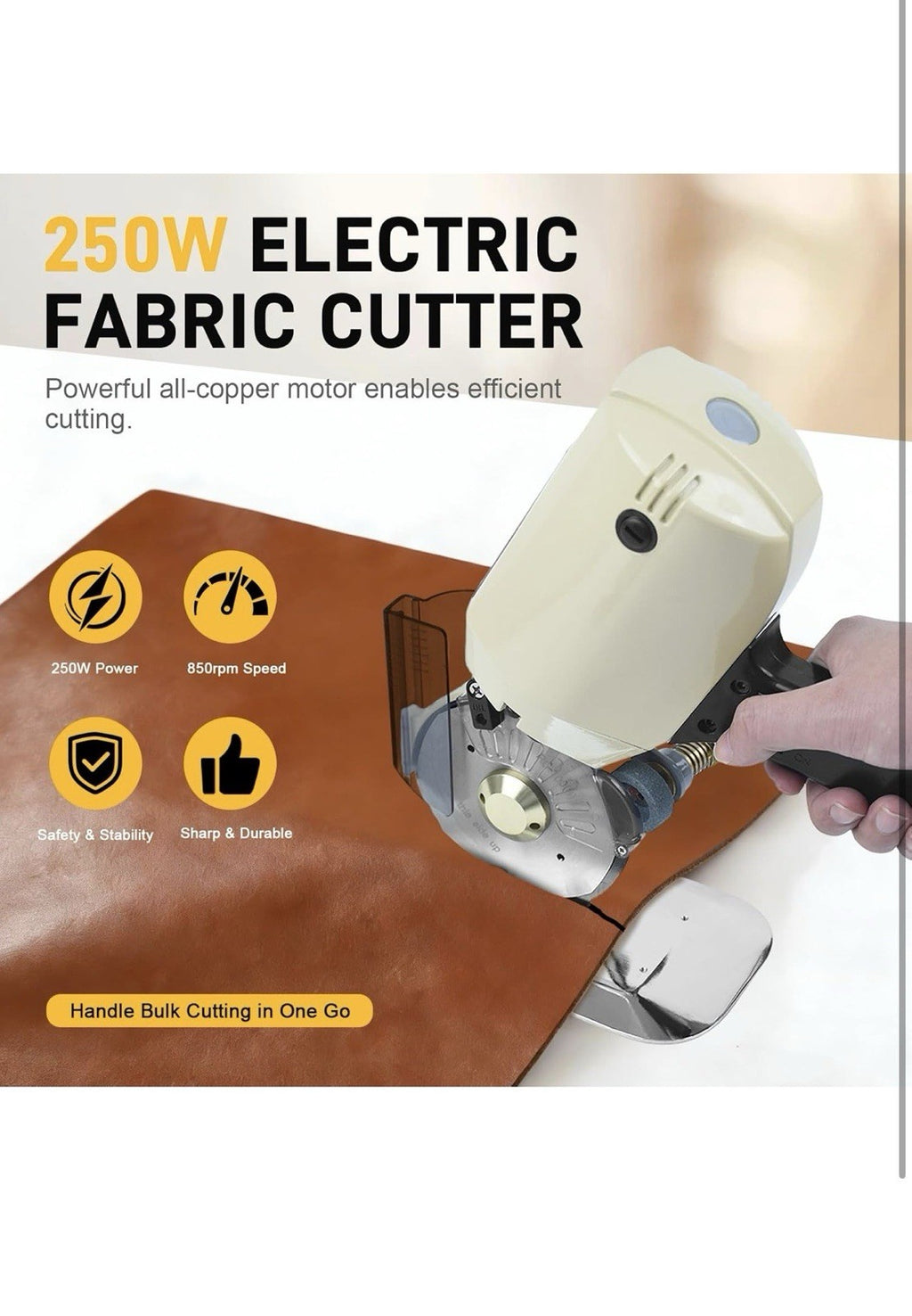 Electric Cloth Cutting Machine - 250W Pure Copper Motor Rotary Fabric Cutter w2