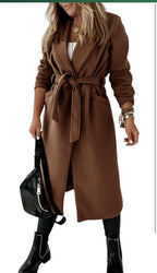 Womens Classic Coat Lapel Collar Open Front Belted Long Jacket2