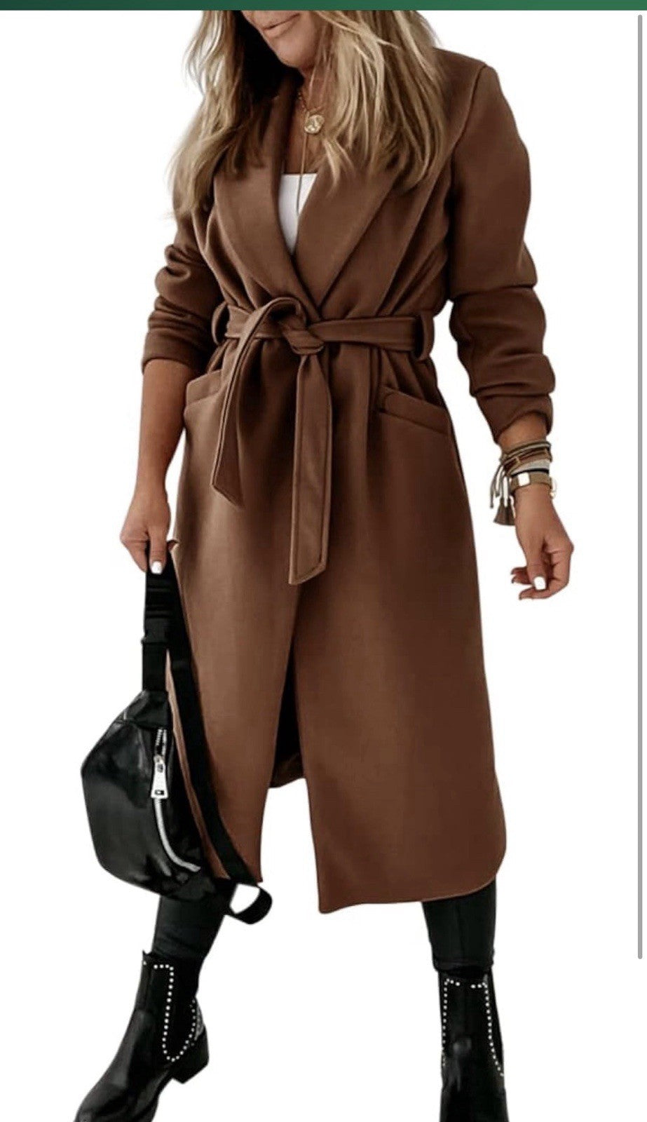 Womens Classic Coat Lapel Collar Open Front Belted Long Jacket2