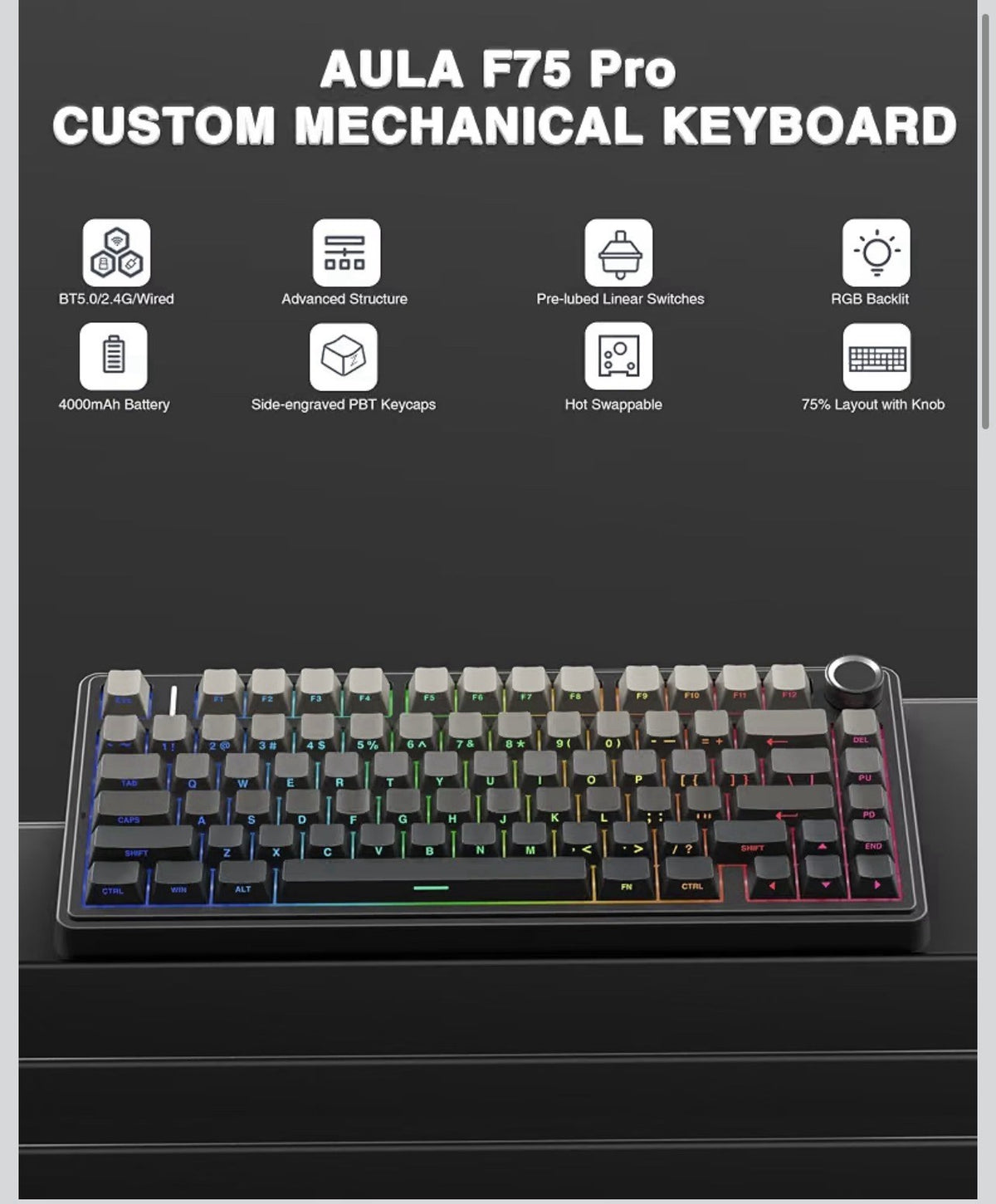 AULA F75 Pro Wireless Mechanical Keyboard,75% Hot Swappable Custom Keyboard with1