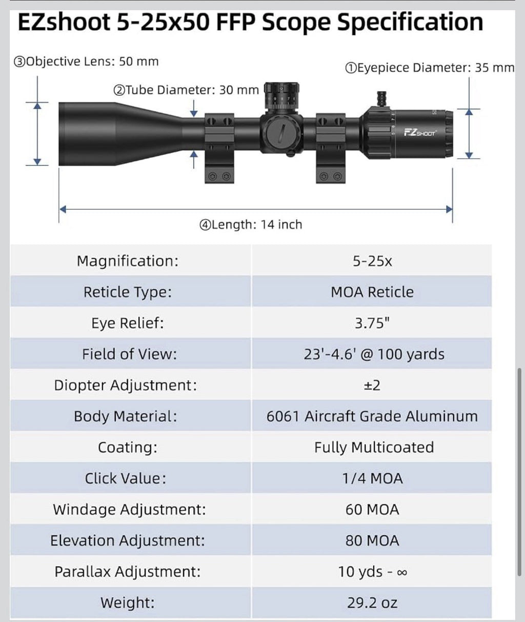 EZshoot FFP Rifle Scope with Zero Stop, MOA Illuminated Reticle, Parallax Ad5