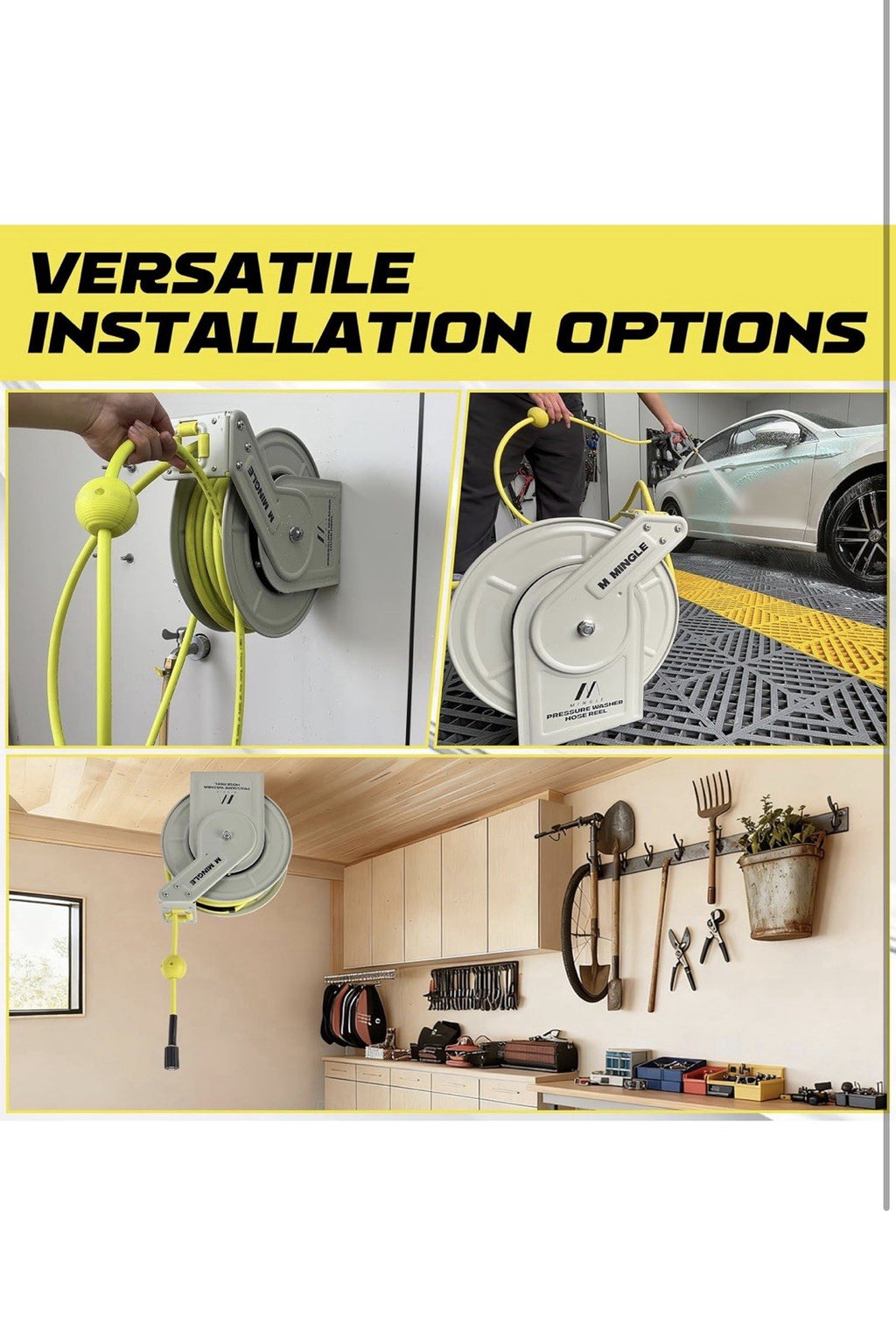 M MINGLE Retractable Pressure Washer Hose Reel, 1/4" × 60ft Power Washer Hose3