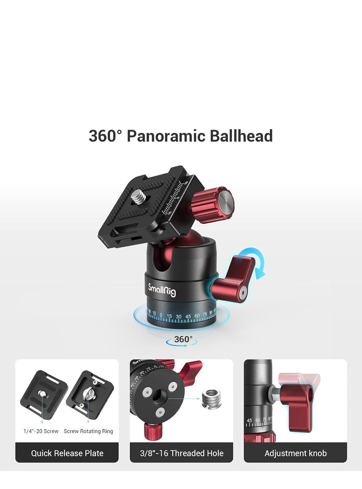 SmallRig Cabezal de bola de trípode, cabezal de bola panorámico giratorio de 3603