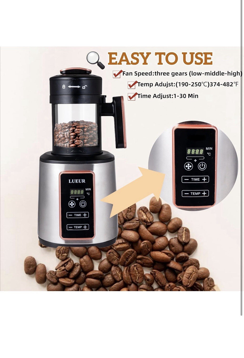 LUEUR Electric Coffee Bean Roaster Machine for Home Use, 1500W Hot Air Coffee5
