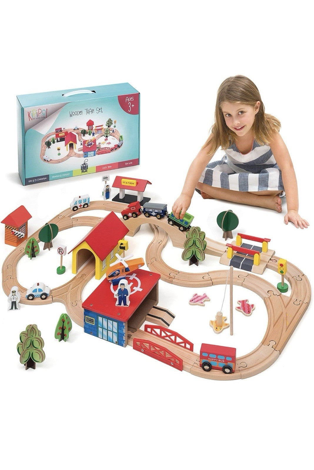 Wooden Train Set - 69 Pieces Wooden Train Tracks & Trains for Kids, Toddler B...0