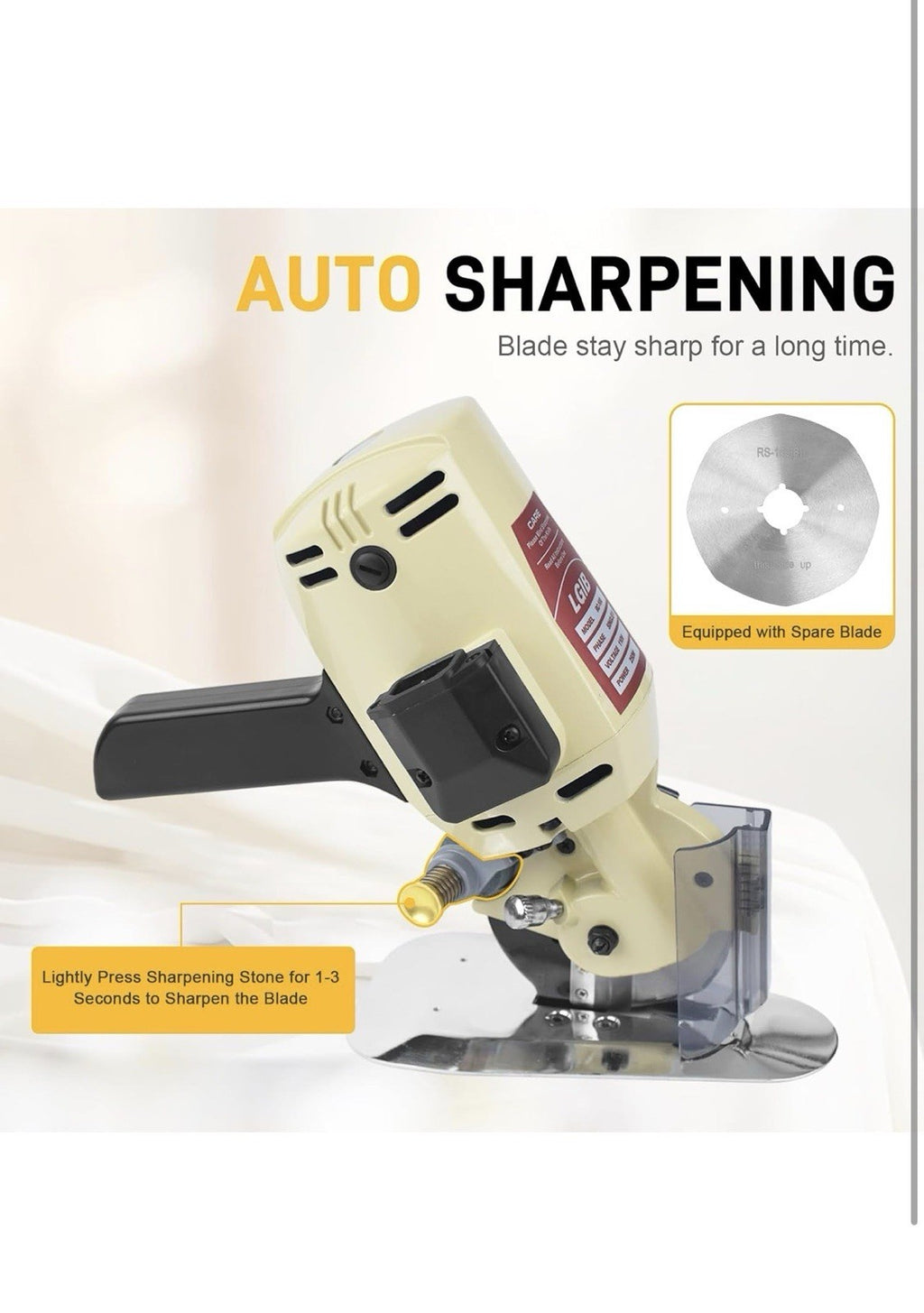 Electric Cloth Cutting Machine - 250W Pure Copper Motor Rotary Fabric Cutter w6