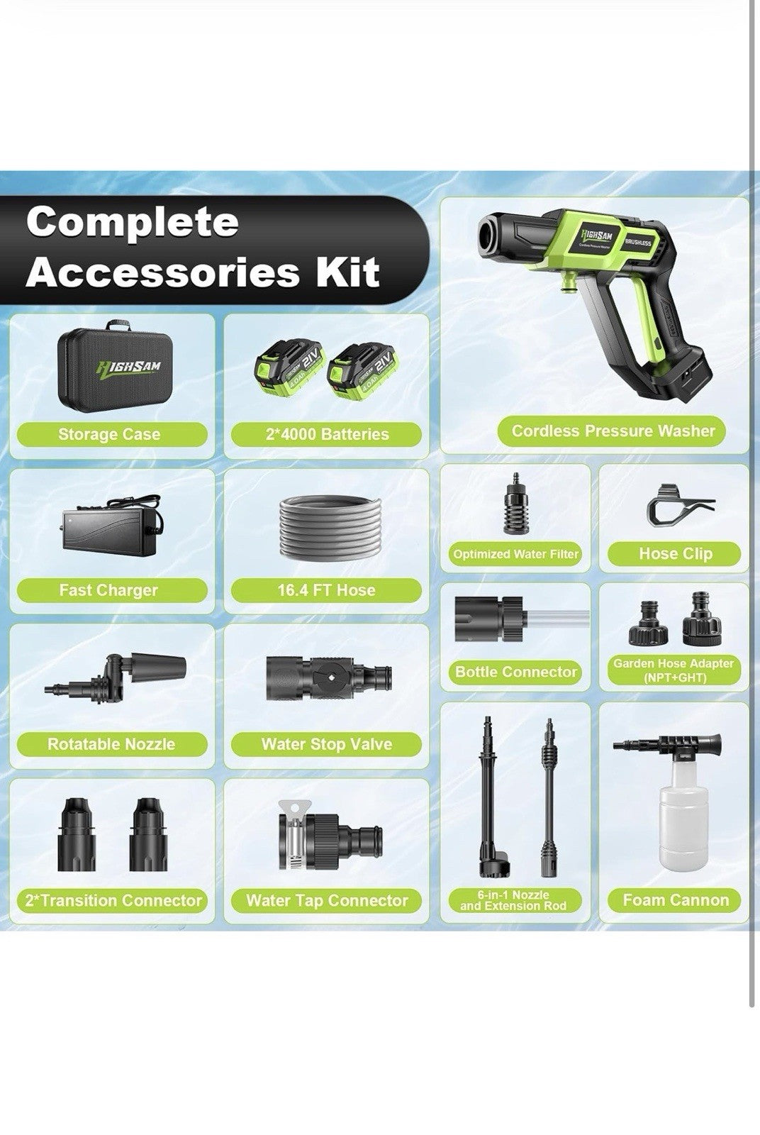 Cordless Pressure Washer - 1500PSI 2.6GPM, 400W Brushless Motor, 2X4000Mah Batte5