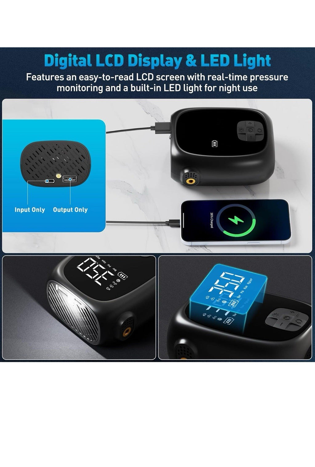 Compresor de aire portátil para inflado de neumáticos, inflado rápido, apagado a6