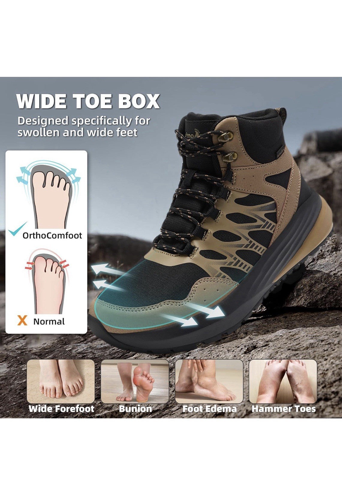 OrthComfoot Men's Orthopedic Wide Waterproof Hiking Boots Work, New with Tags!3