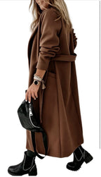 Womens Classic Coat Lapel Collar Open Front Belted Long Jacket4