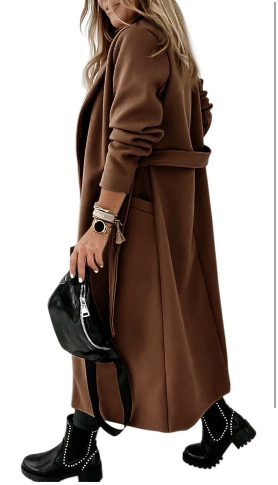 Womens Classic Coat Lapel Collar Open Front Belted Long Jacket4