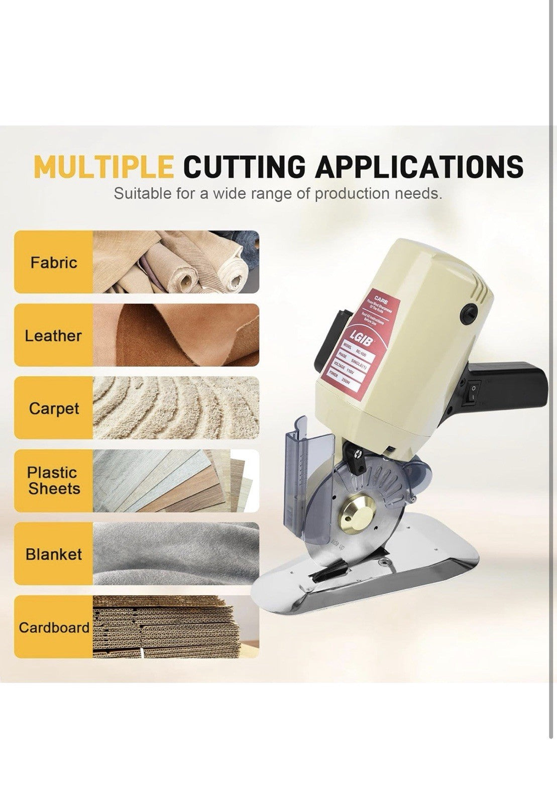 Electric Cloth Cutting Machine - 250W Pure Copper Motor Rotary Fabric Cutter w5