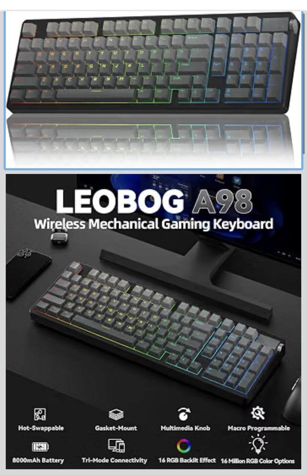 LEOBOG A98 Wireless Gaming Creamy Mechanical Keyboard with Number Pad Knob 96%0