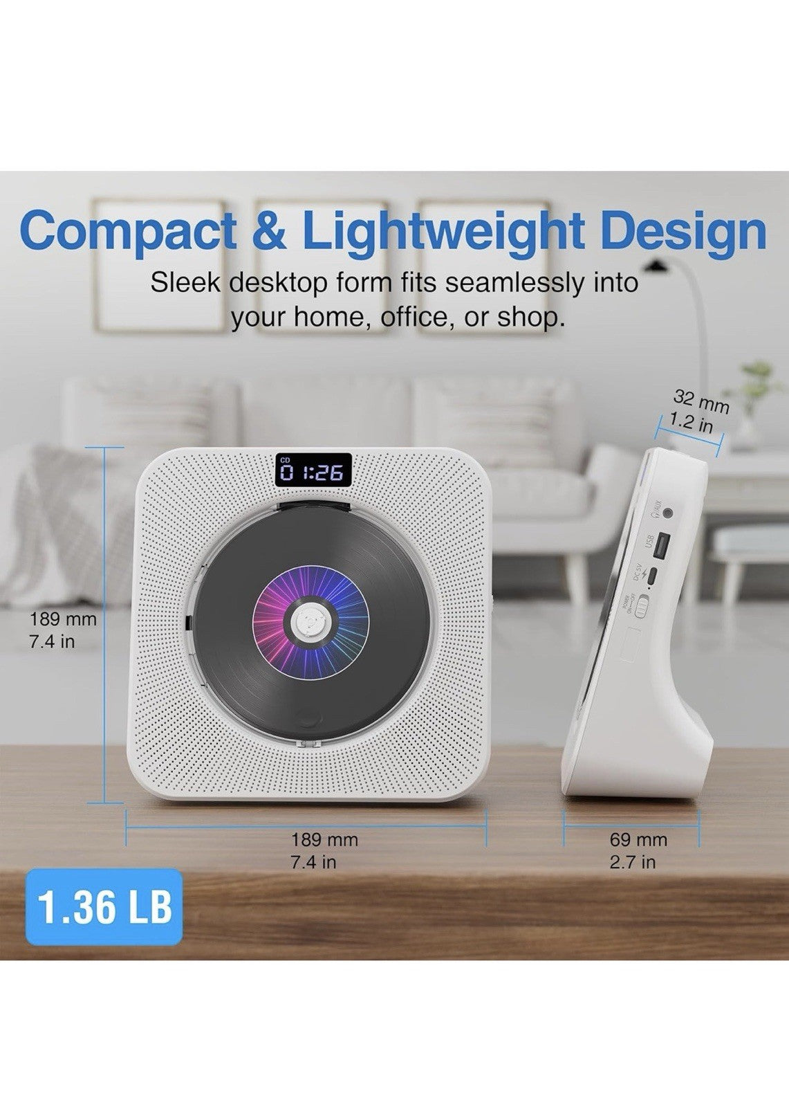 MEGATEK Reproductor de CD portátil Bluetooth para el hogar, reproductor de CD7