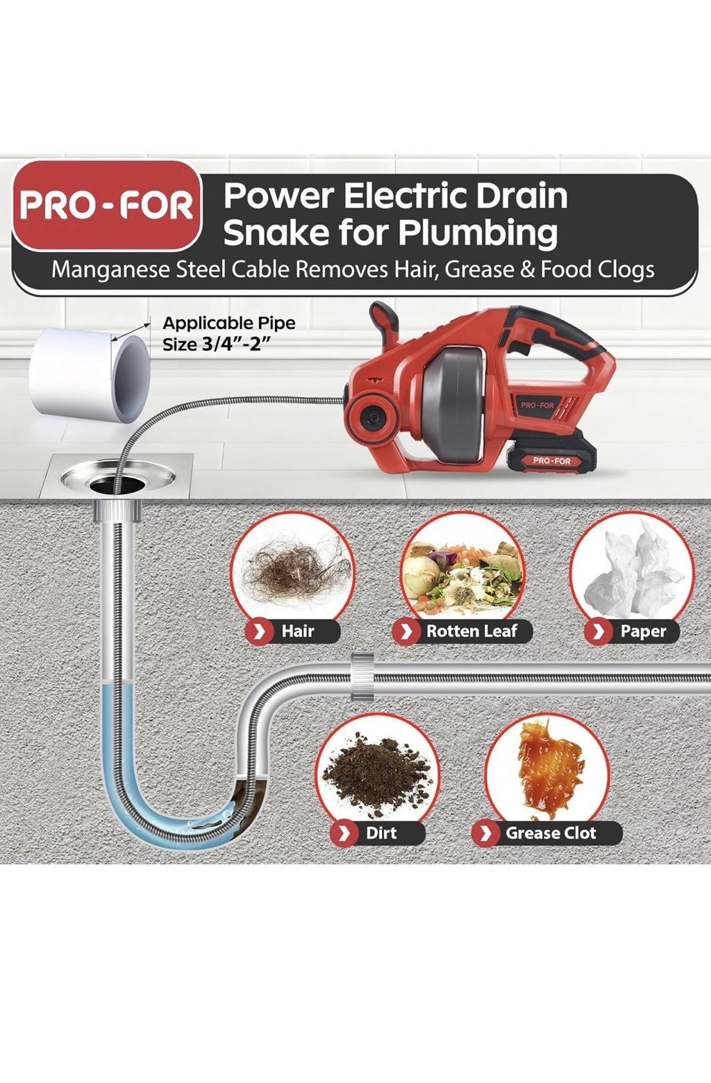 POPULO 20V Cordless Electric Drain Auger-Efficient 25Ft Auto-Feed Drain Snake wi7