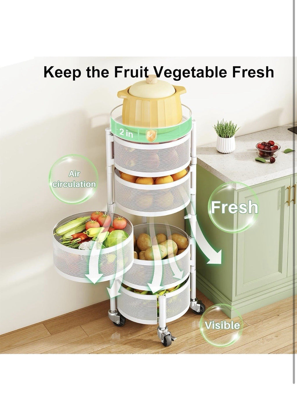 SAYZH Fruit Vegetable Basket for Kitchen, Rotating Storage Rack, 5 Tier Rolling 2