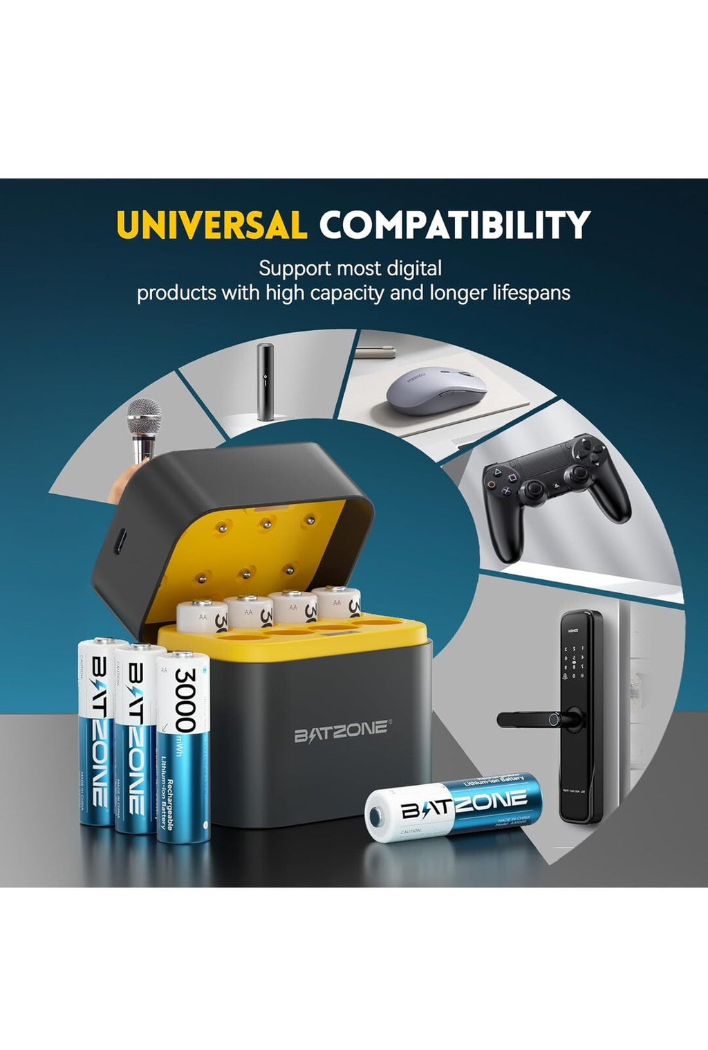 BATZONE Rechargeable aa Batteries Lithium 8 Pack with Fast Charger,1.5V 3000m...2