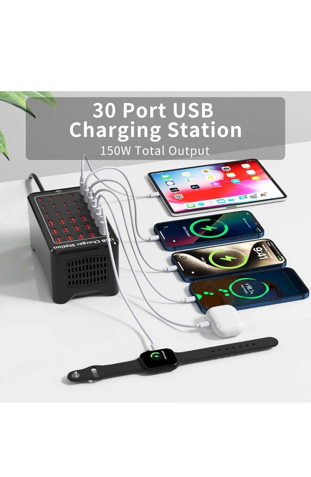 Estación de carga USB de 150 W (30 A), bloque de cargador USB C de 30 puertos1