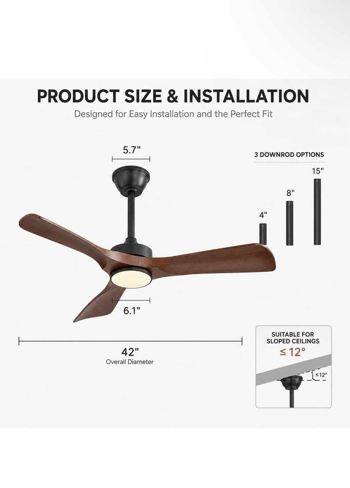 42 Inch Quiet Ceiling Fan with Light, Pure Reversible DC Motor, ABS1