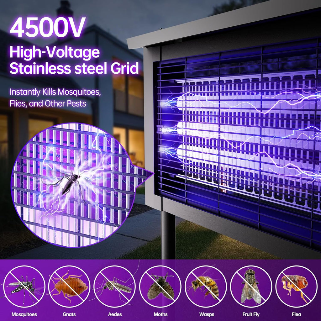 Cortador de mosquitos alimentado por energía solar, matador de insectos exterior de 4500V con panel solar de 15W, zapper eléctrico inalámbrico impermeable – lámpara recargable para matar mosquitos...