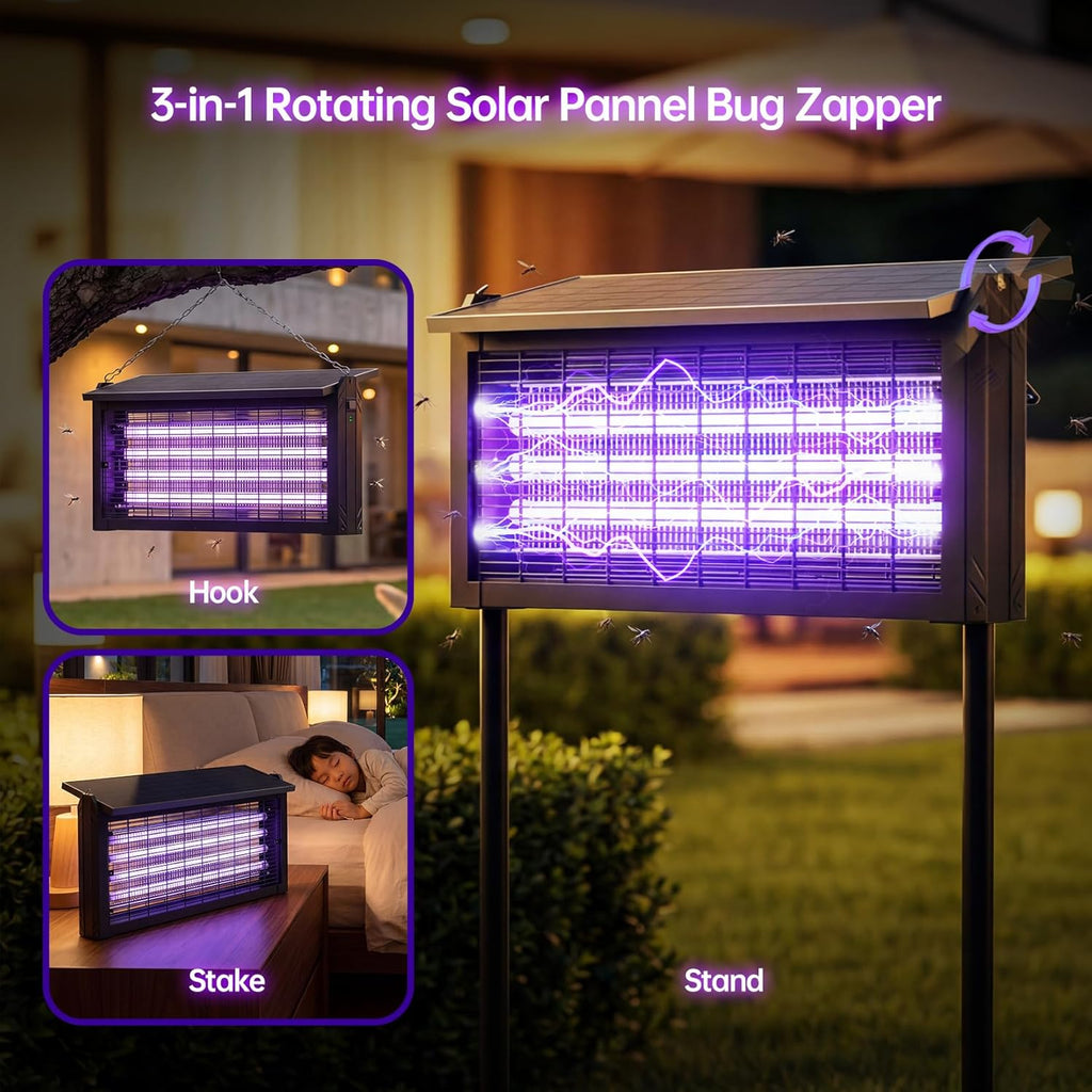 Cortador de mosquitos alimentado por energía solar, matador de insectos exterior de 4500V con panel solar de 15W, zapper eléctrico inalámbrico impermeable – lámpara recargable para matar mosquitos...