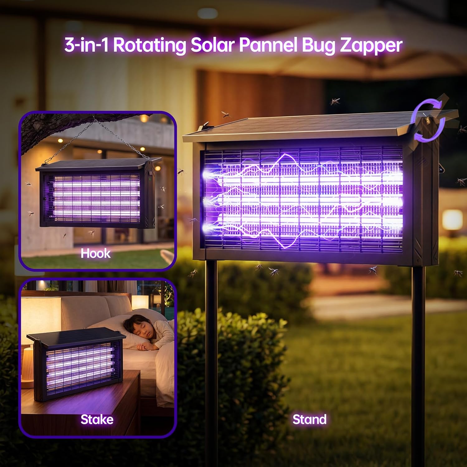 Cortador de mosquitos alimentado por energía solar, matador de insectos exterior de 4500V con panel solar de 15W, zapper eléctrico inalámbrico impermeable – lámpara recargable para matar mosquitos...