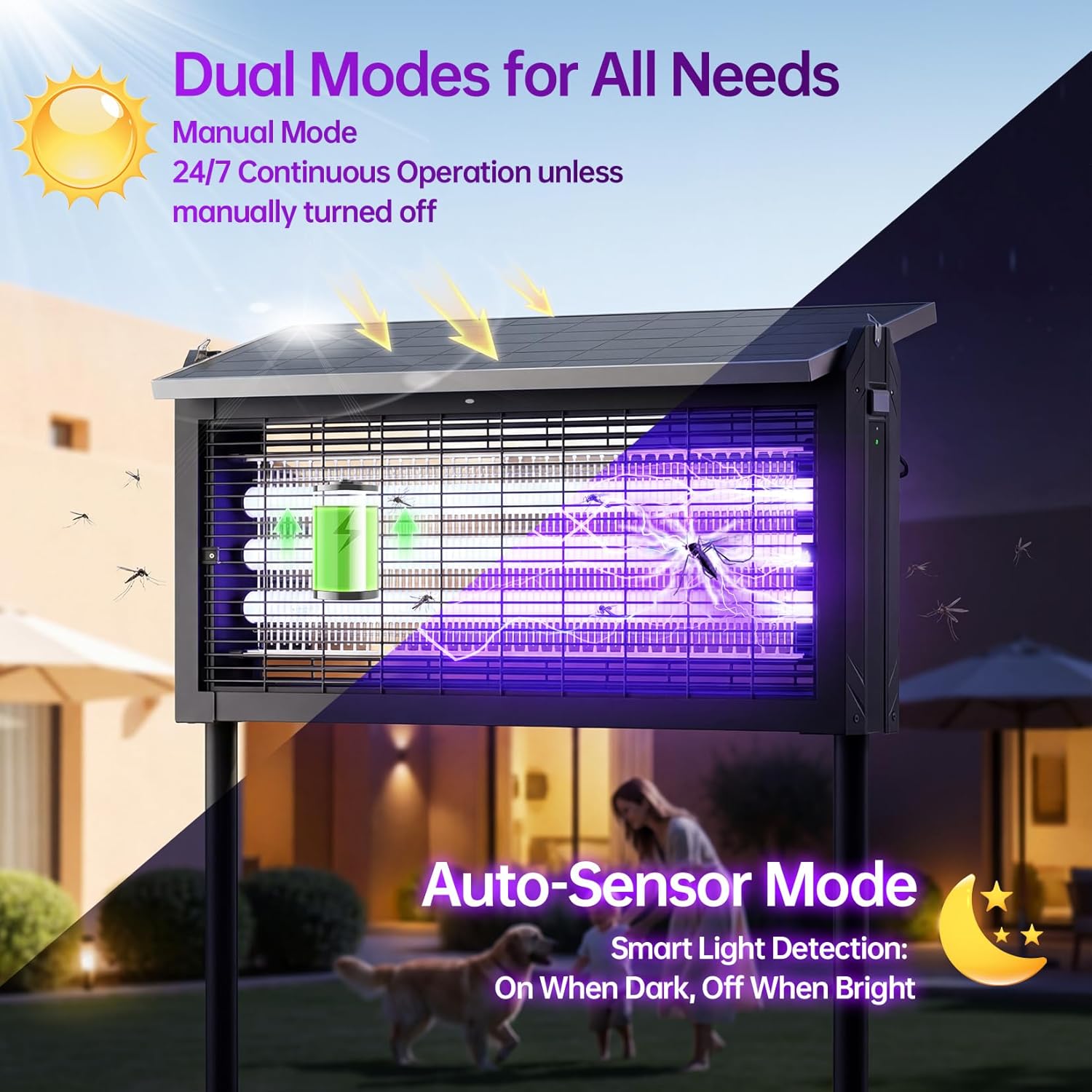 Cortador de mosquitos alimentado por energía solar, matador de insectos exterior de 4500V con panel solar de 15W, zapper eléctrico inalámbrico impermeable – lámpara recargable para matar mosquitos...