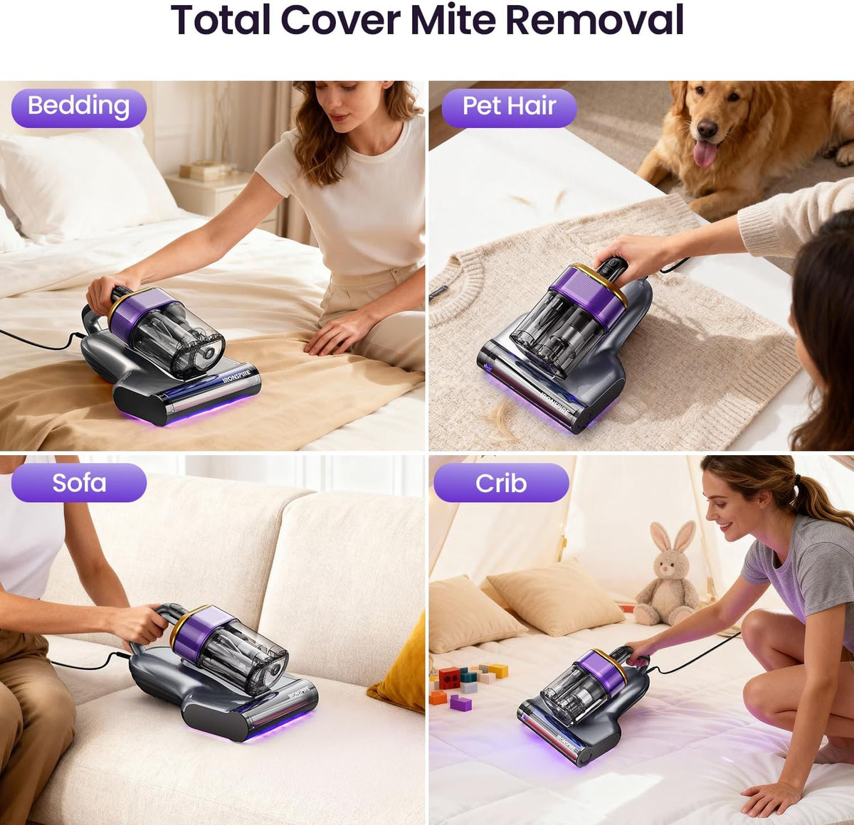 Bed Vacuum Cleaner, Mattress Vacuum with 2 Roller Brushes 253.7nm UV-C Light & Ultrasonic,145°F Heat, HEPA Filter, 18kPa Suction 650W Powerful Handheld Vacuums for Dust & Pet Hair(Corded)